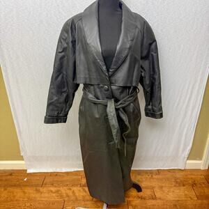 Liz Baker Essentials Black Genuine Leather Trench Coat Belted Long Jacket